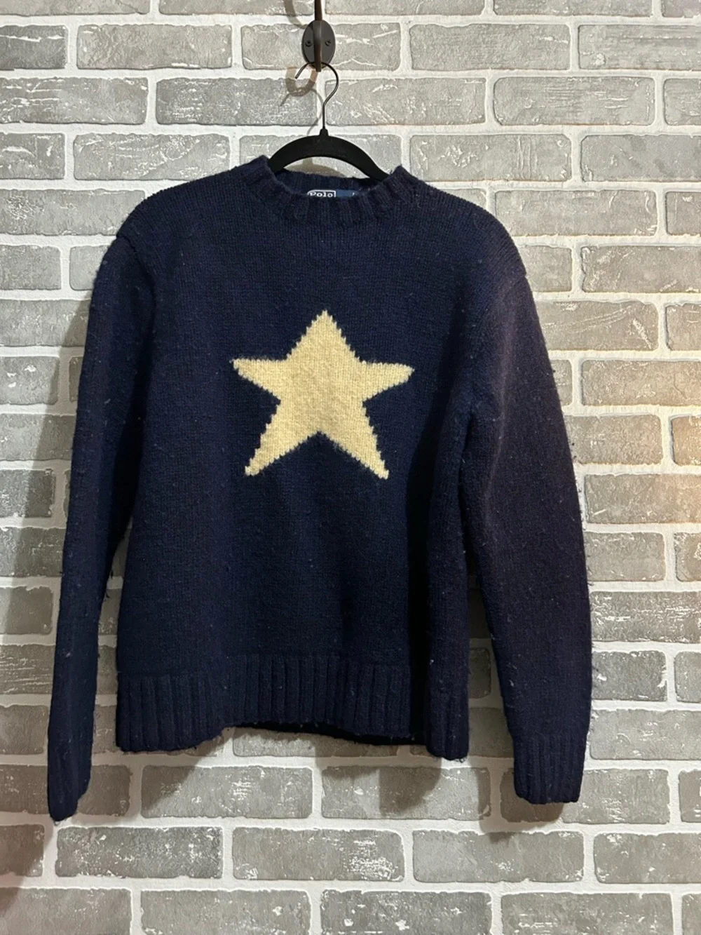 Vintage Polo Ralph Lauren Sweater Jumper Star Knit Wool Navy Size XL Rare